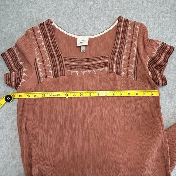 KNOX ROSE Terracotta Cream Mini Dress L Boho Crinkle Rayon Tunic Short Sleeve - Picture 6 of 10